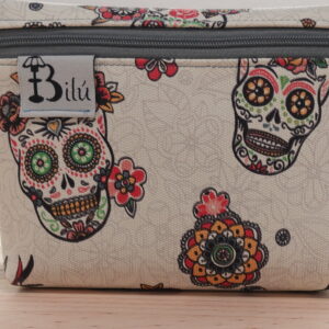 mini neceser doble tela resinada calaveras rojas fondo blanco